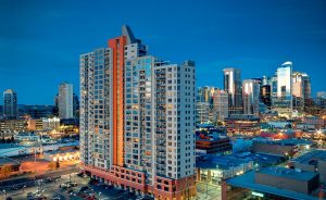Photograph of large city building at night by Real Estate Photographer Calgary Photos